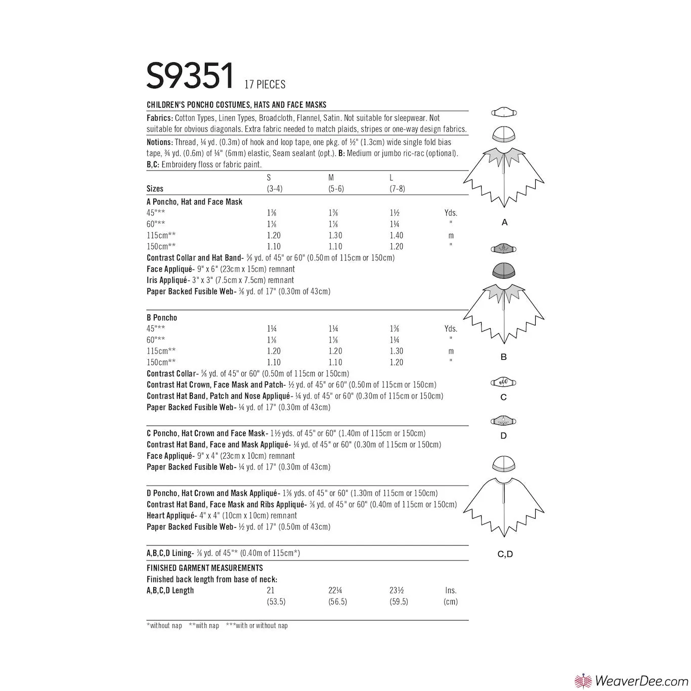 Simplicity Pattern S9351 Children's Poncho Costumes - Pumpkin, Scarecrow, Ghost, Skeleton