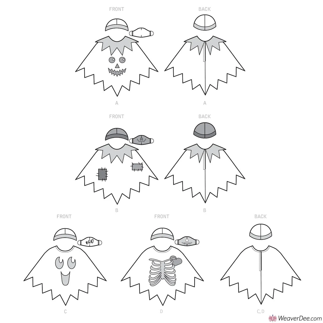 Simplicity Pattern S9351 Children's Poncho Costumes - Pumpkin, Scarecrow, Ghost, Skeleton