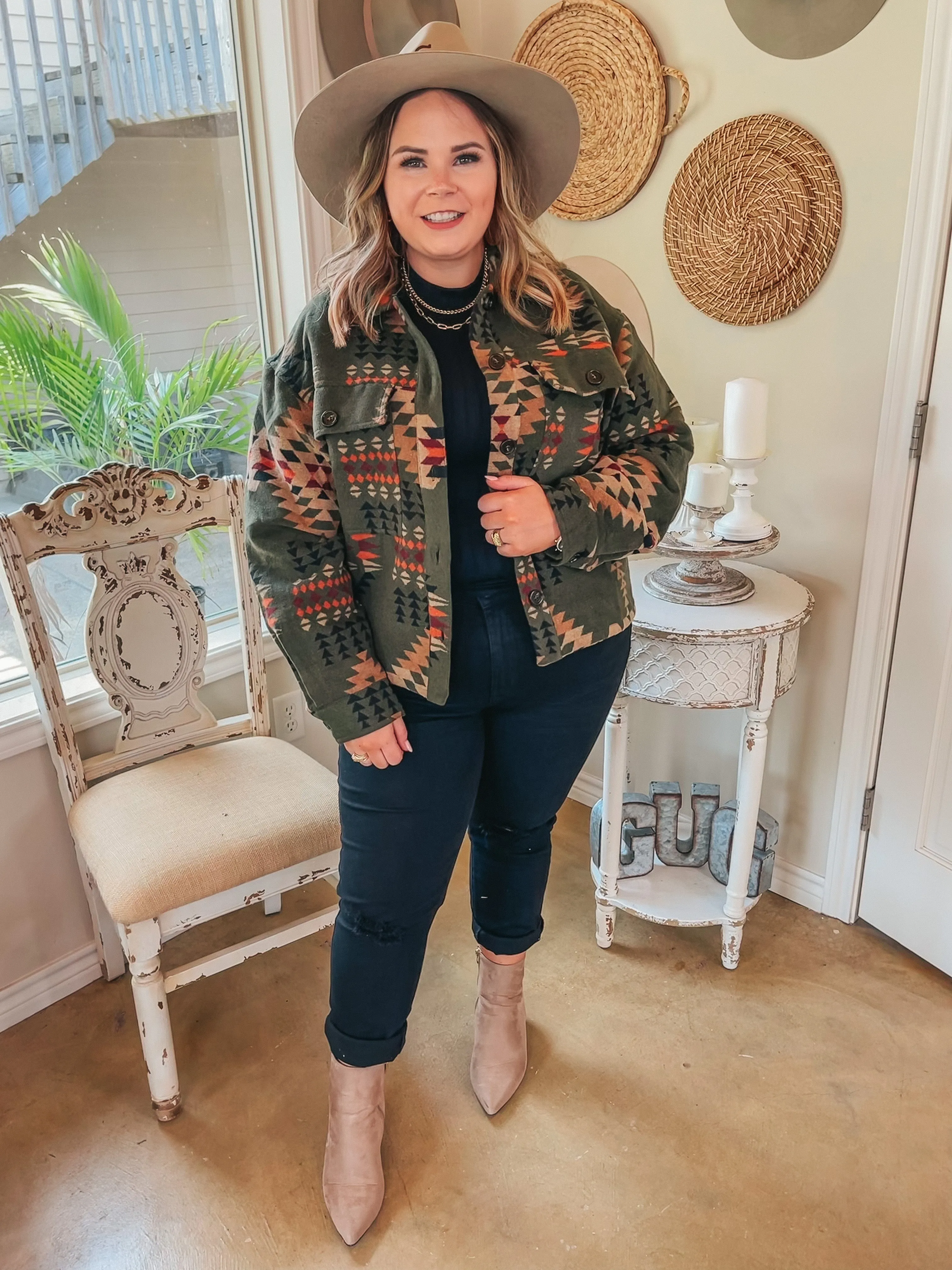 S'mores Weather Aztec Print Button Up Jacket in Olive Green