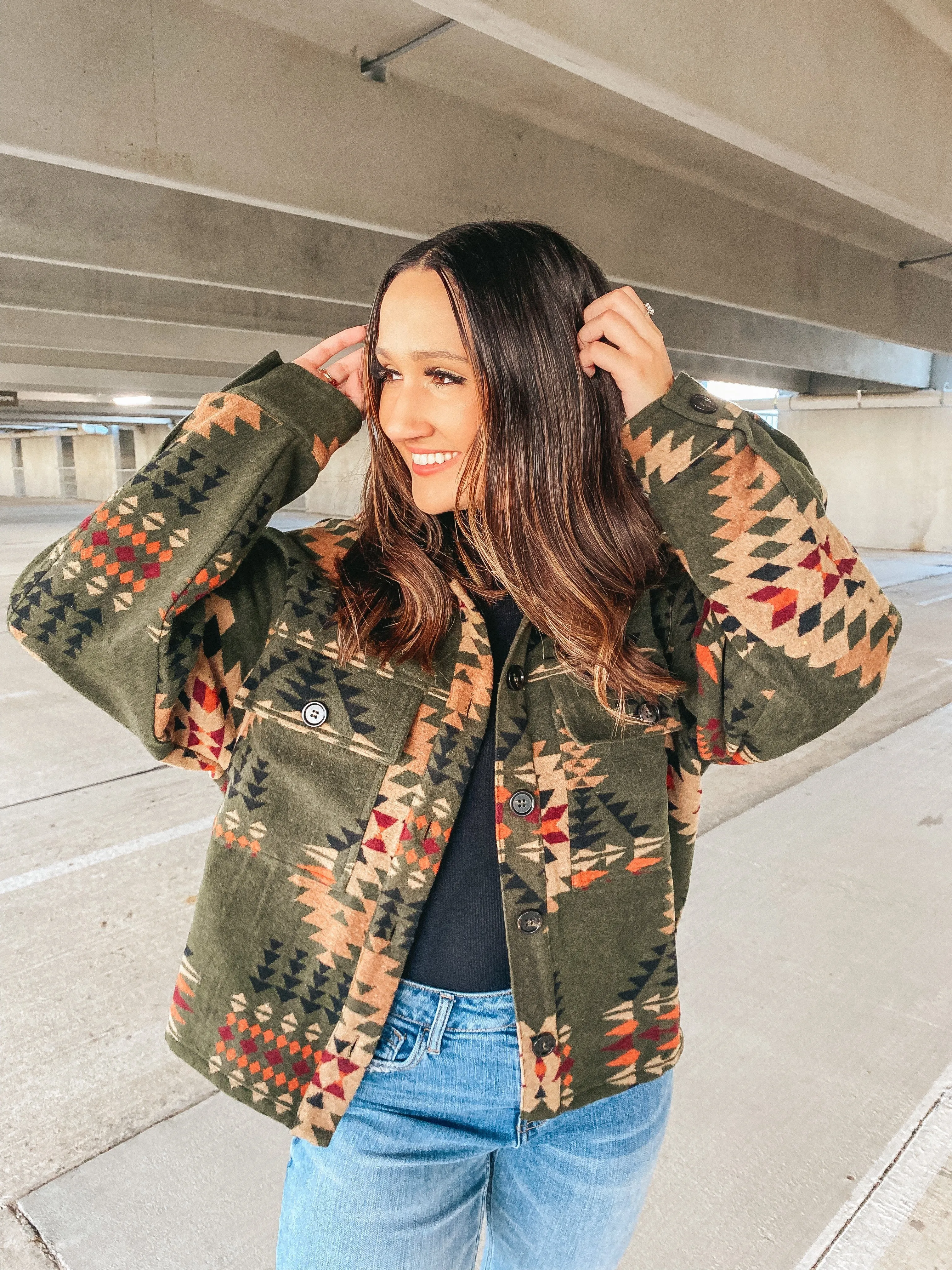 S'mores Weather Aztec Print Button Up Jacket in Olive Green