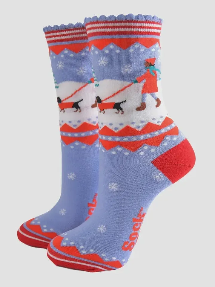 Sock Talk Bamboo Socks - Blue/Red, Sausage Dog Walk