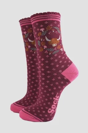 Sock Talk Bamboo Socks Burgundy/Pink, Highland Cow Wreath