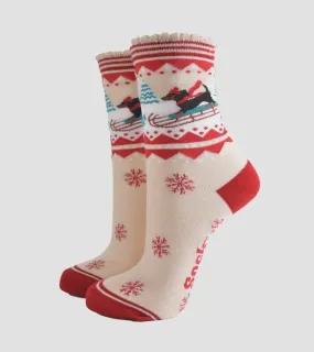 Sock Talk Bamboo Socks Cream/Red, Sausage Dog Sledge