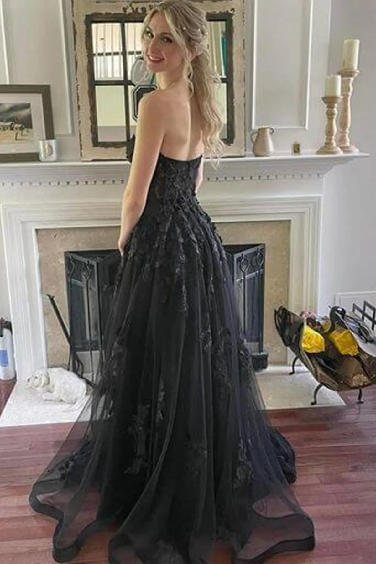 Strapless Black Lace Tulle Long Prom Dress, Black Lace Formal Dress, Long Black Evening Dress A1796