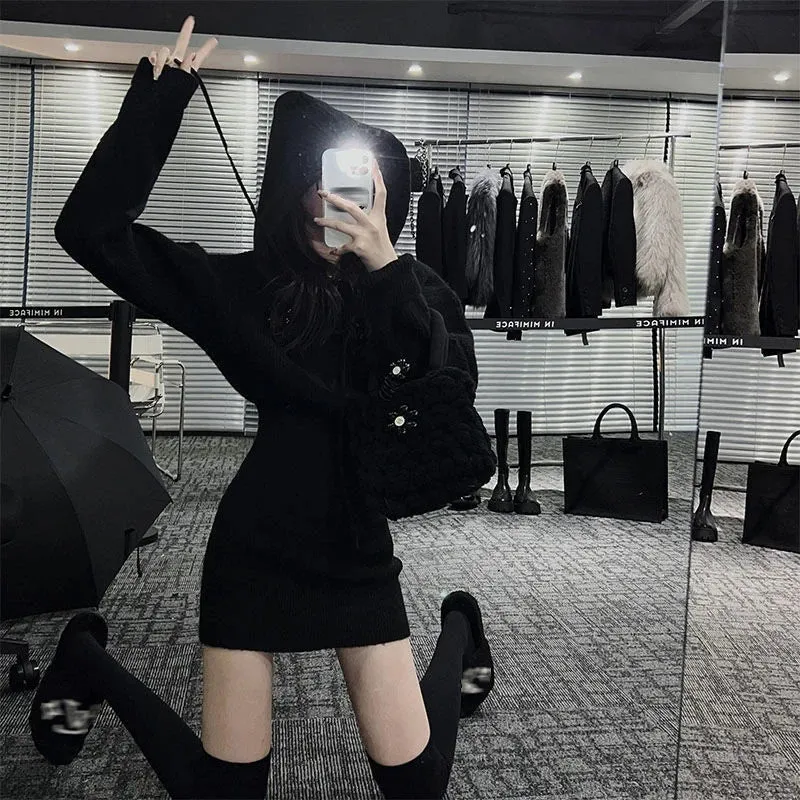 Streetwear Knitted Mini Dress Women Hooded Sweater A Line Dresses Winter Korean Solid High Waist Slim Casual Vestidos New