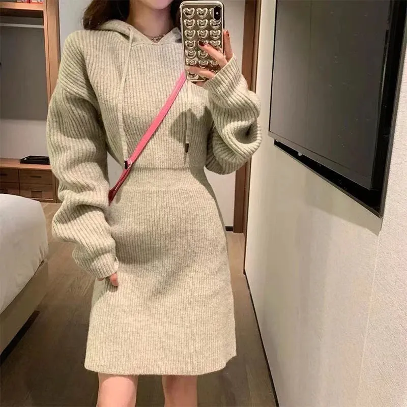 Streetwear Knitted Mini Dress Women Hooded Sweater A Line Dresses Winter Korean Solid High Waist Slim Casual Vestidos New