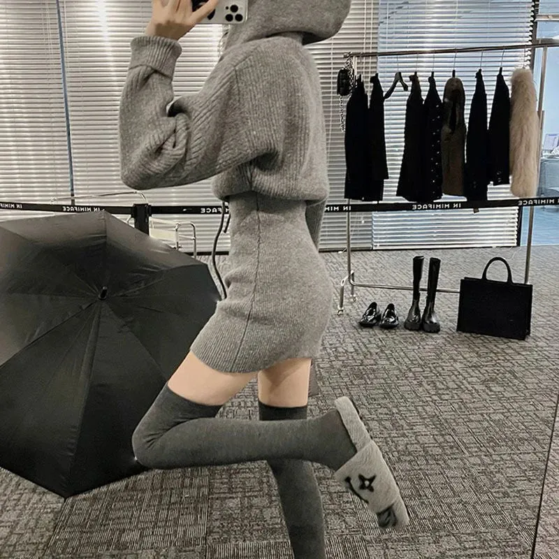 Streetwear Knitted Mini Dress Women Hooded Sweater A Line Dresses Winter Korean Solid High Waist Slim Casual Vestidos New