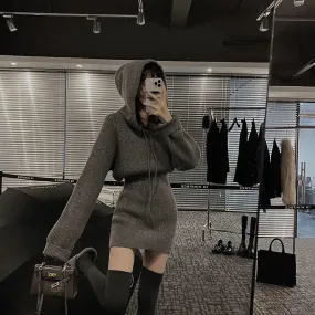 Streetwear Knitted Mini Dress Women Hooded Sweater A Line Dresses Winter Korean Solid High Waist Slim Casual Vestidos New