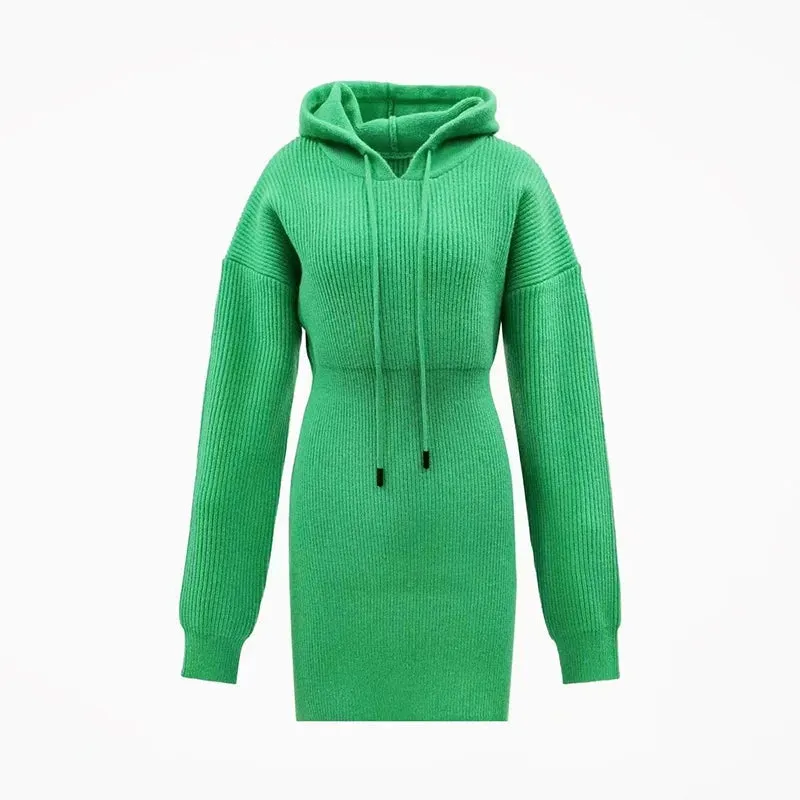 Streetwear Knitted Mini Dress Women Hooded Sweater A Line Dresses Winter Korean Solid High Waist Slim Casual Vestidos New