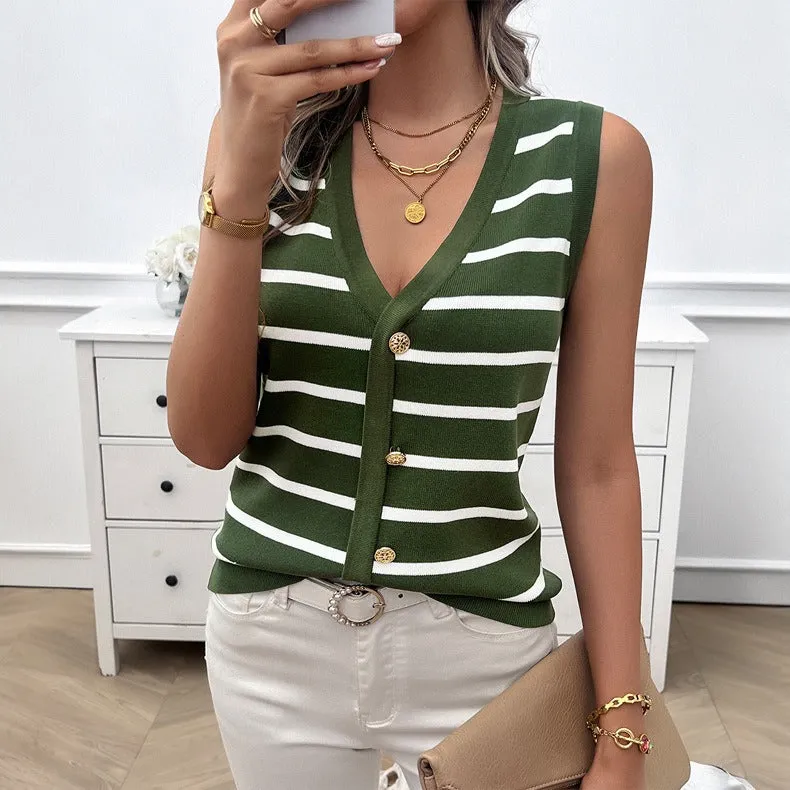 Striped Sleeveless Contrasting V-neck Knit Vest Top (4 colors)