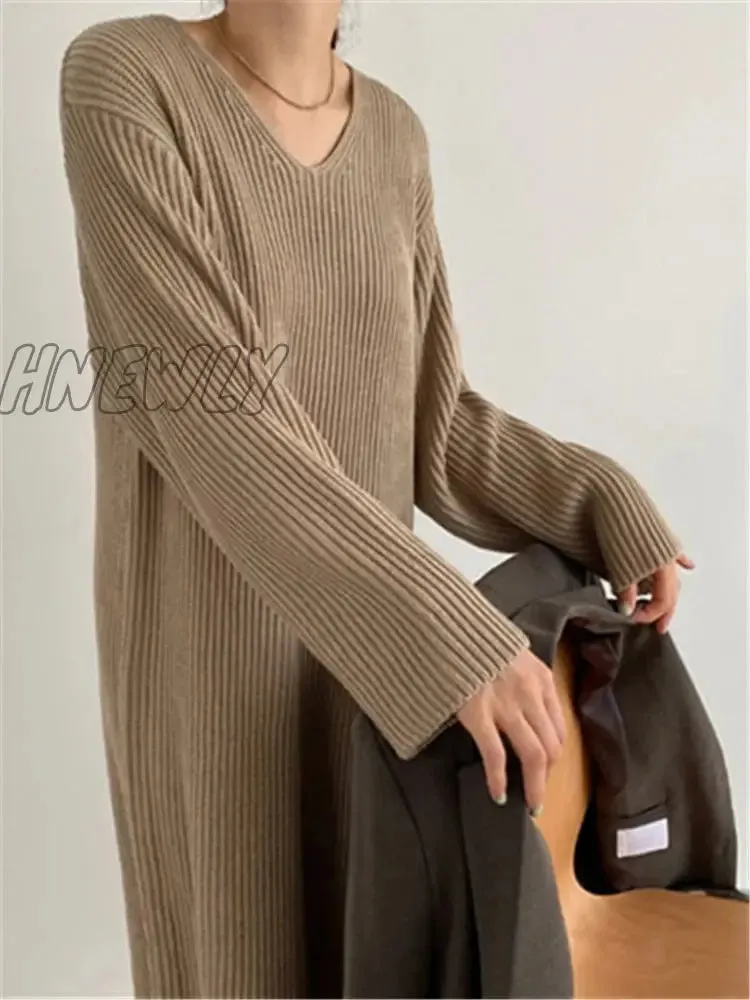 Sweater Women Dress Knitted Dresses Womens Winter Long Sleeve Sweaters Autumn Loose Maxi Oversize Knitting Robe Vestido V neck