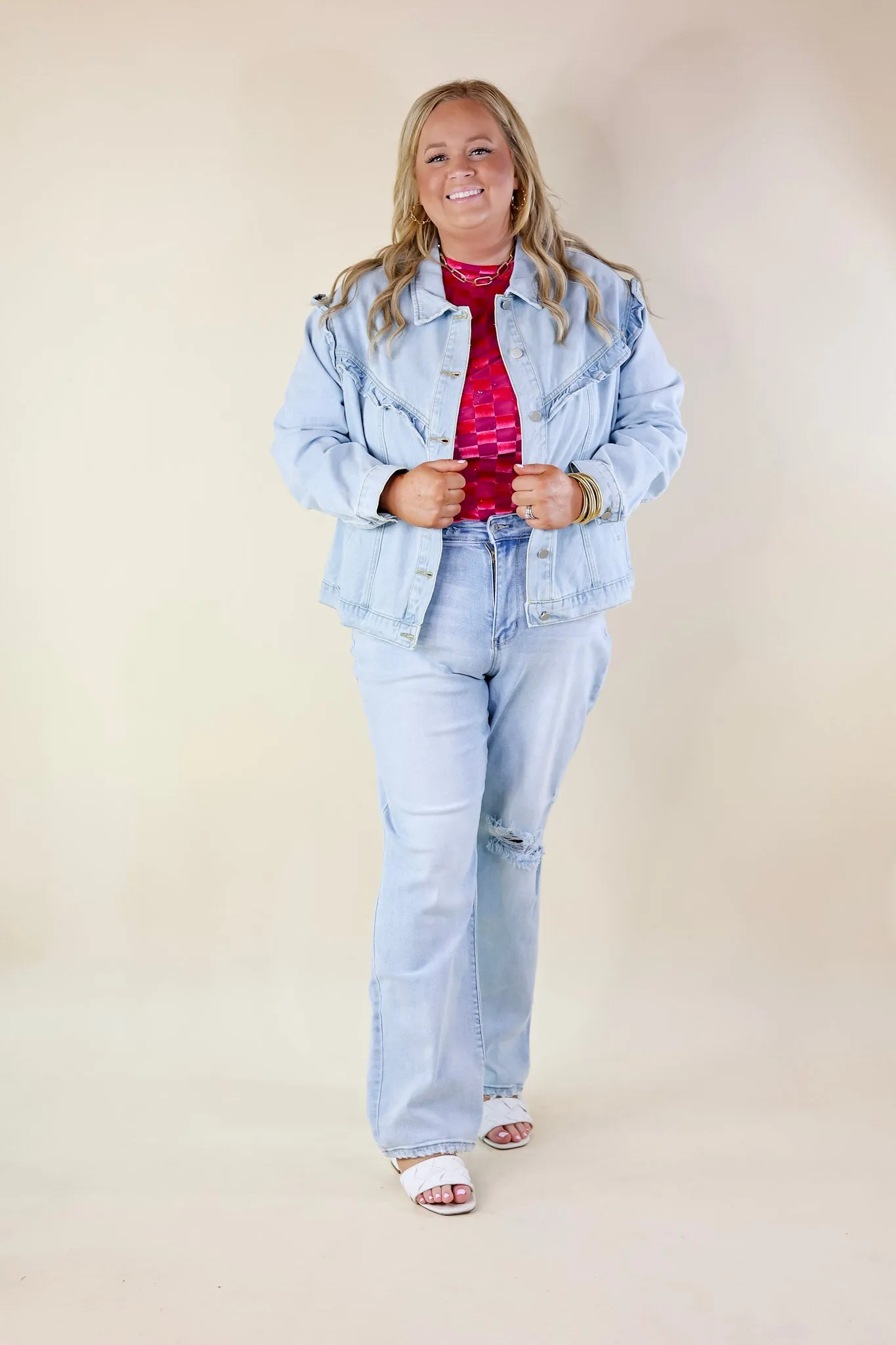 Sweeten the Deal Ruffle Detail Cropped Denim Jacket in Light Wash