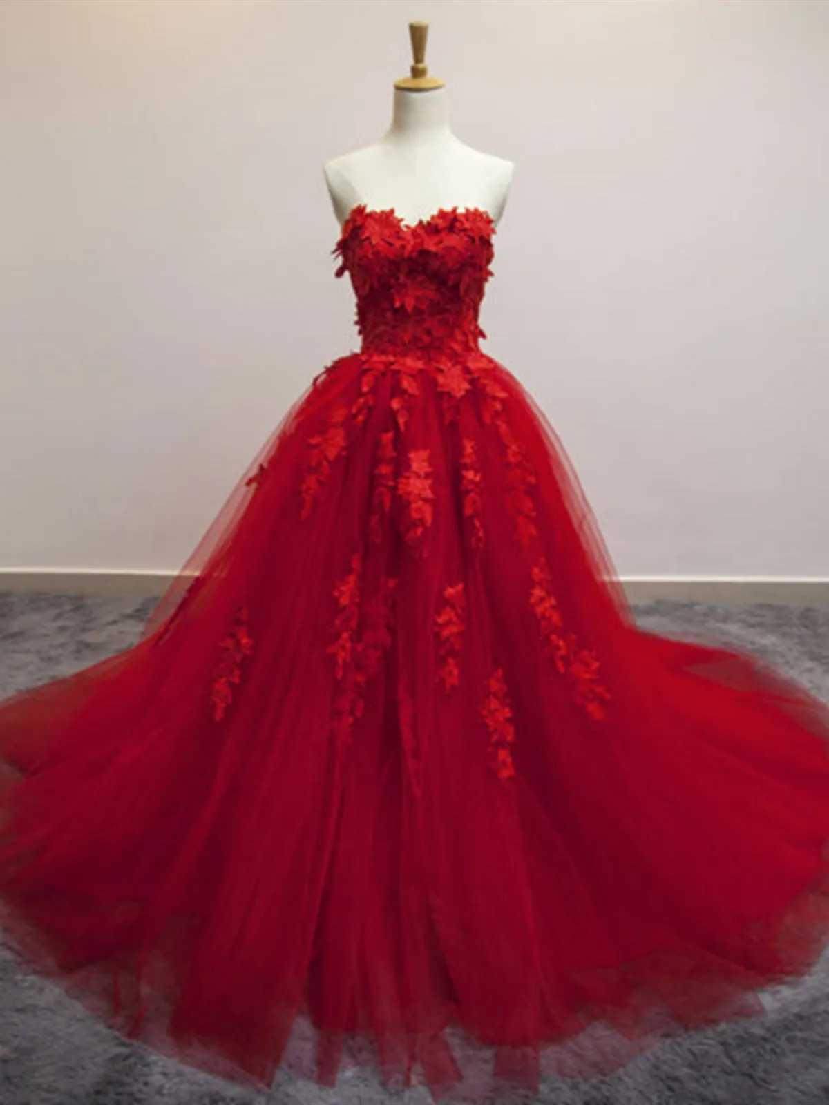 Sweetheart Neck Red Lace Appliques Long Prom, Red Lace Formal, Red Evening