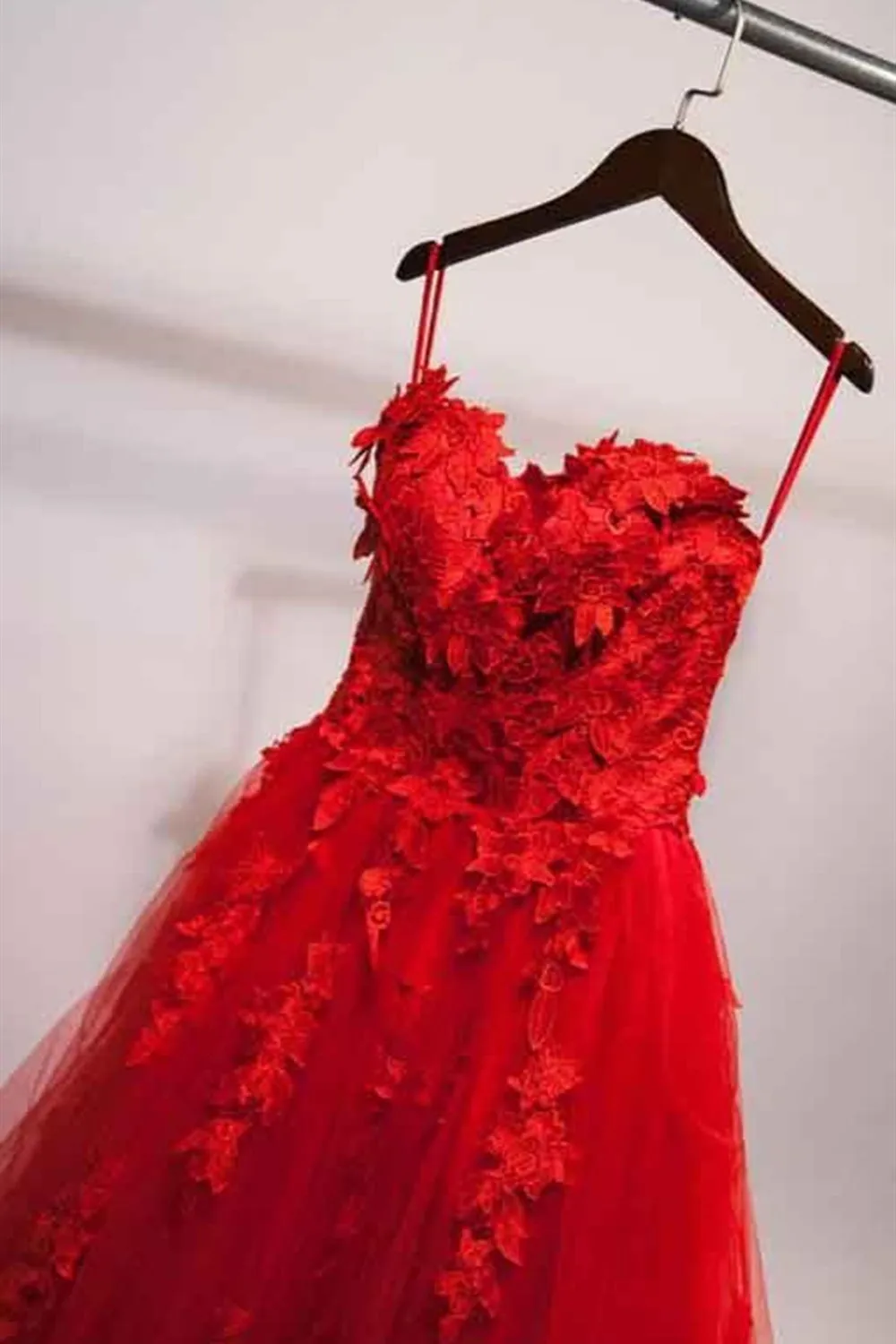 Sweetheart Neck Red Lace Appliques Long Prom, Red Lace Formal, Red Evening