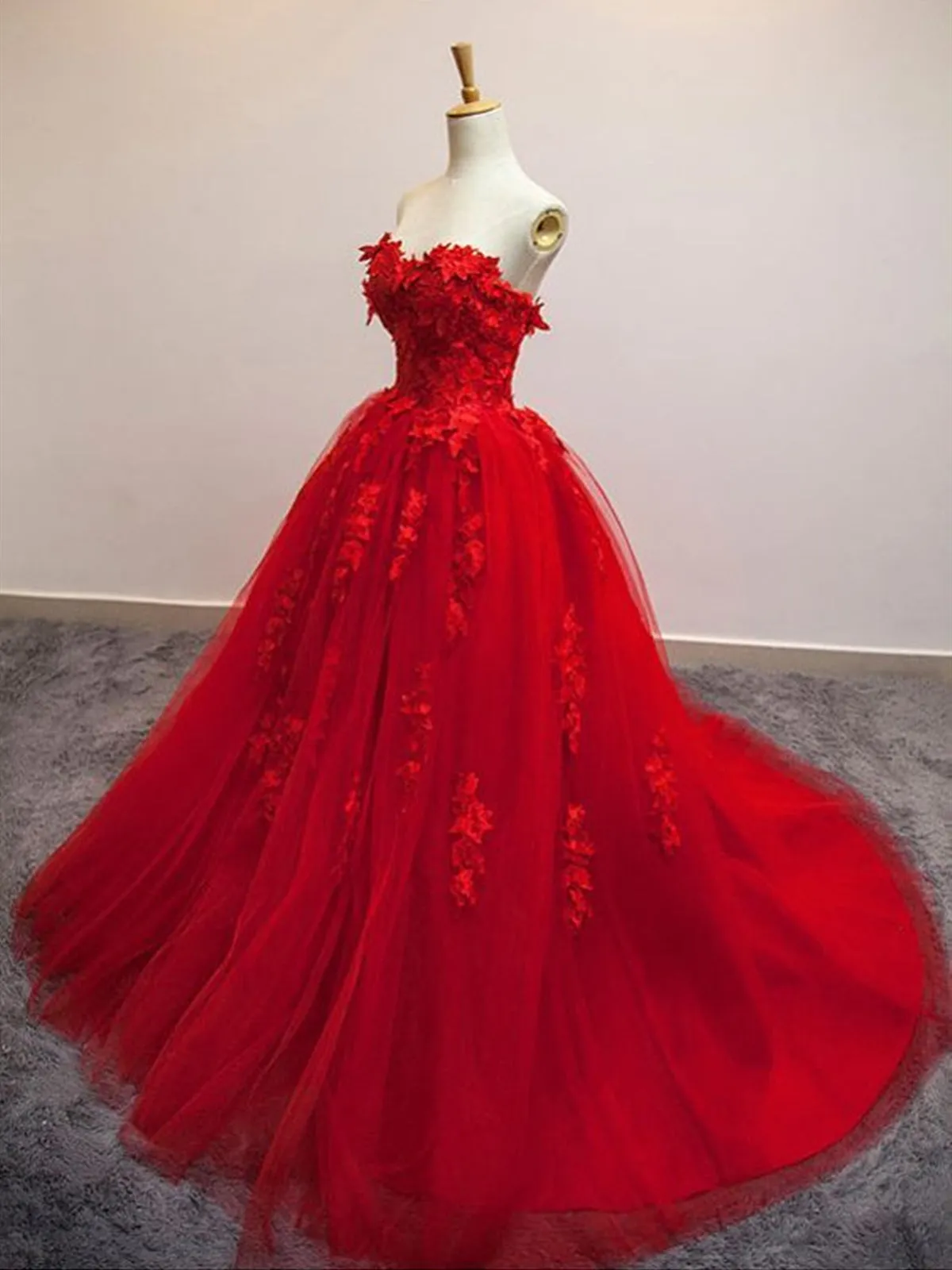 Sweetheart Neck Red Lace Appliques Long Prom, Red Lace Formal, Red Evening