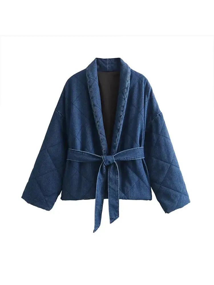 TAVIMART  -  Vintage Blue Lapel Denim Quilted Jacket With Belt Women Elegant Long Sleeve Open Front Cotton Coat New Lady Chic Warm Streetwear