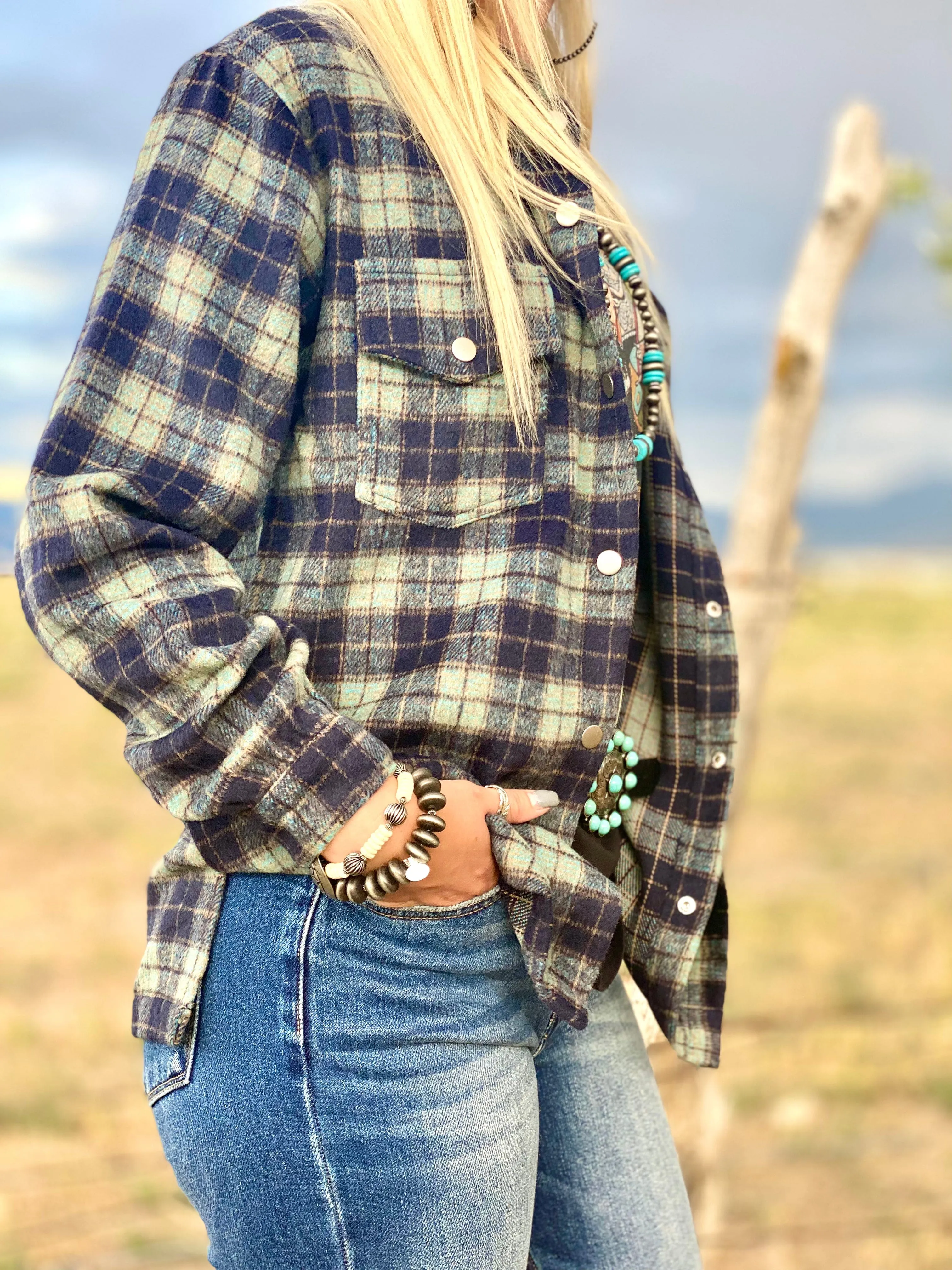 The Eureka Navy & Turquoise Plaid Shacket Curvy Sizes Only