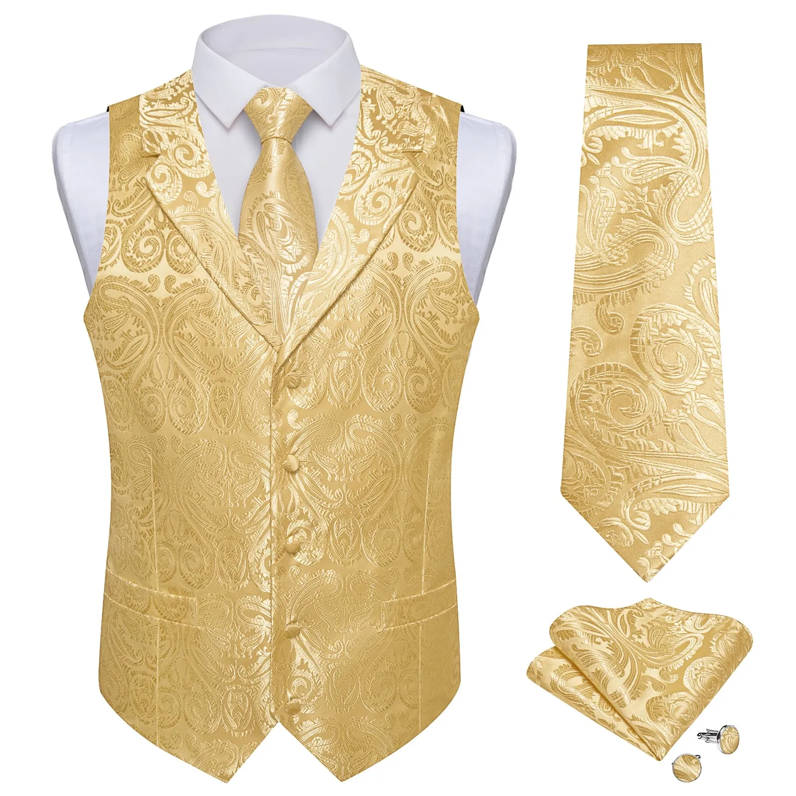 Ties2you Dress Vest Pale Yellow Paisley Notched Collar Silk Mens Work Vest Tie Set