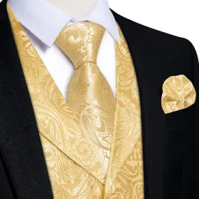 Ties2you Dress Vest Pale Yellow Paisley Notched Collar Silk Mens Work Vest Tie Set