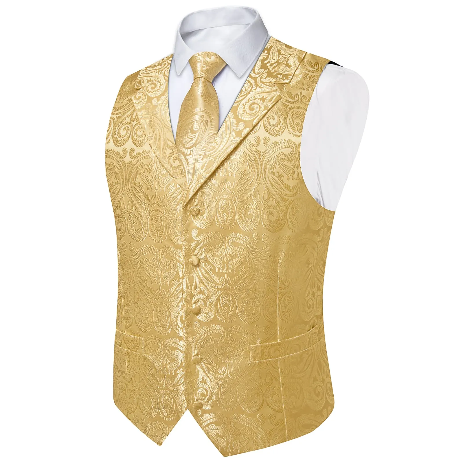 Ties2you Dress Vest Pale Yellow Paisley Notched Collar Silk Mens Work Vest Tie Set