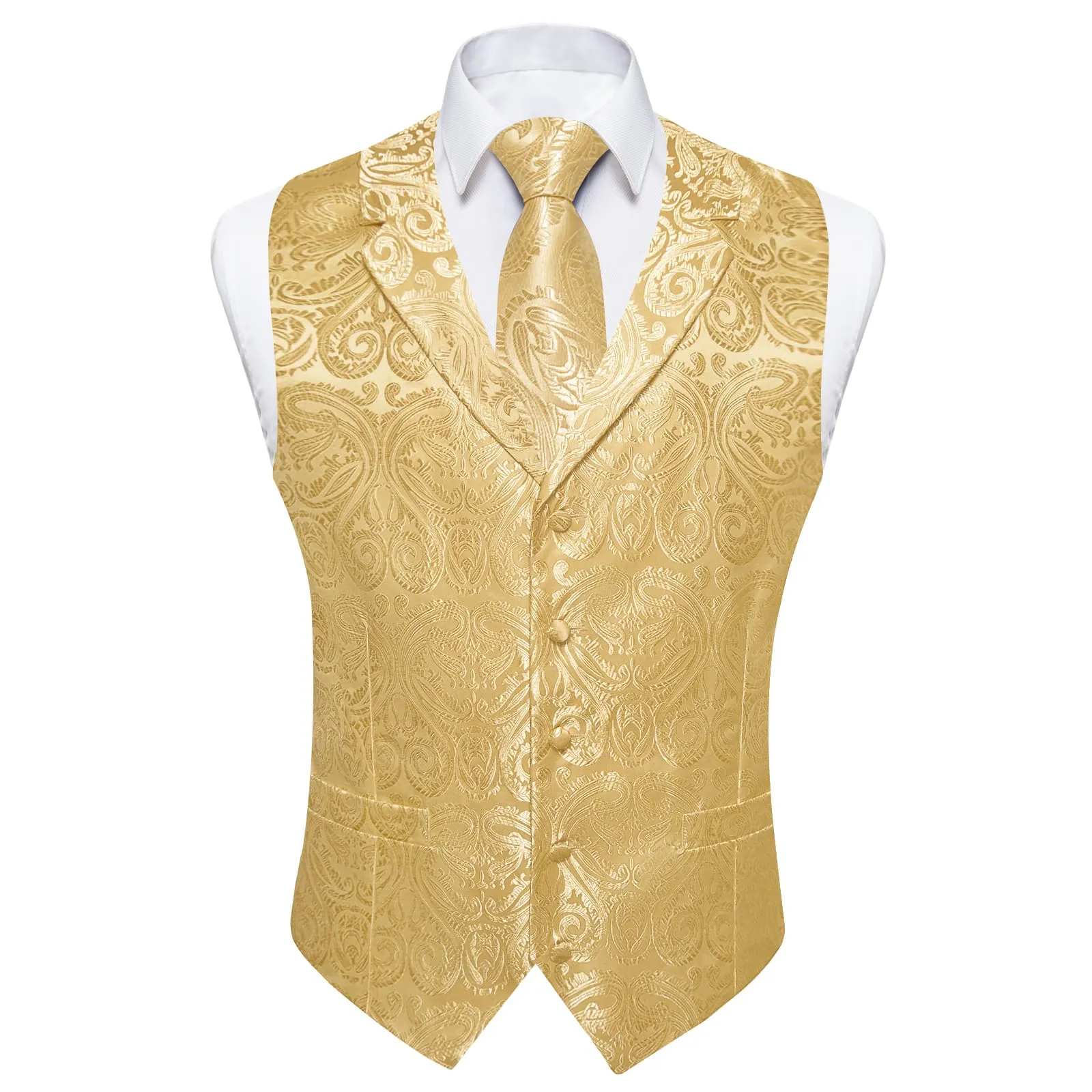 Ties2you Dress Vest Pale Yellow Paisley Notched Collar Silk Mens Work Vest Tie Set