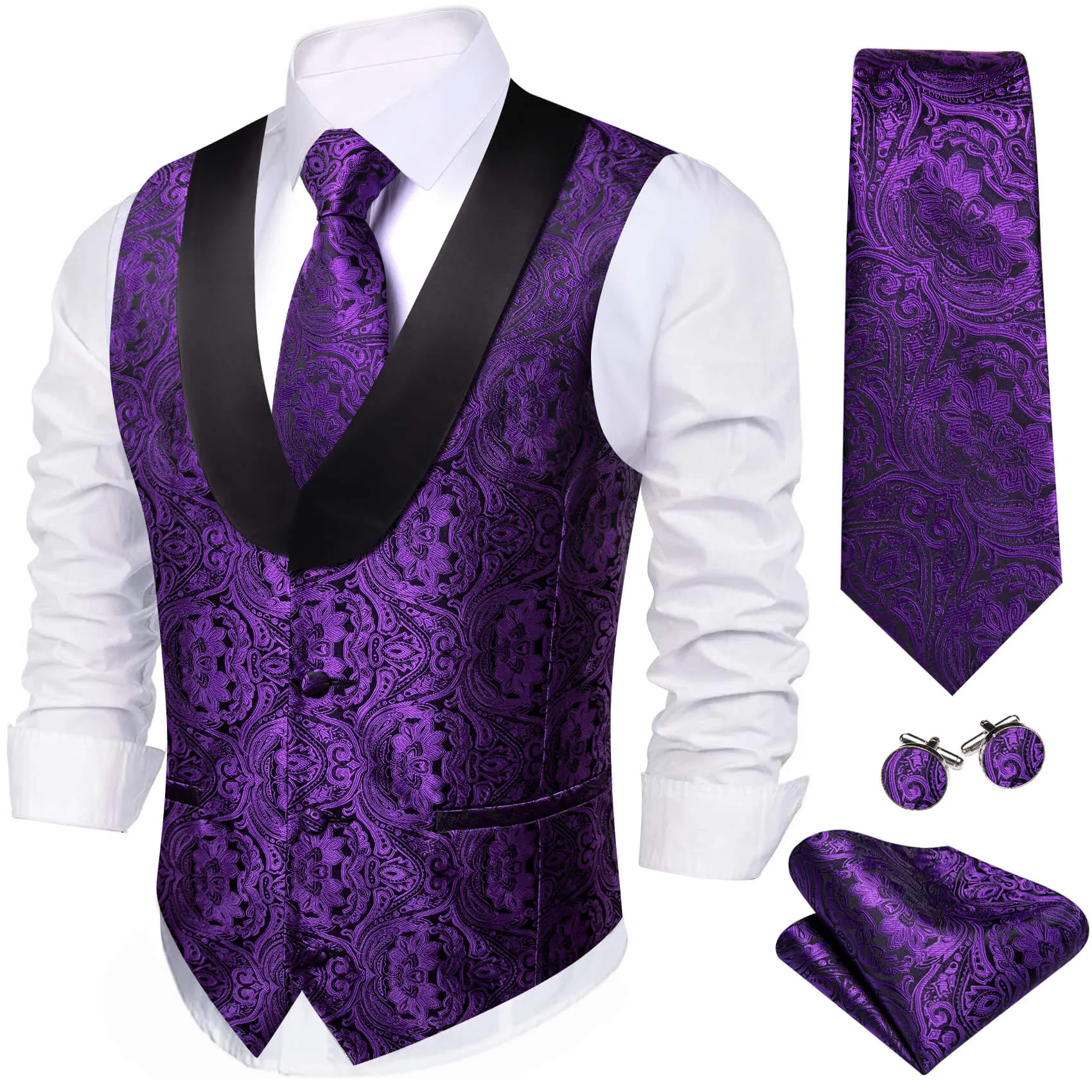 Ties2you Men's Vest Violet Purple Paisley Silk Shawl Collar Vest Tie Set