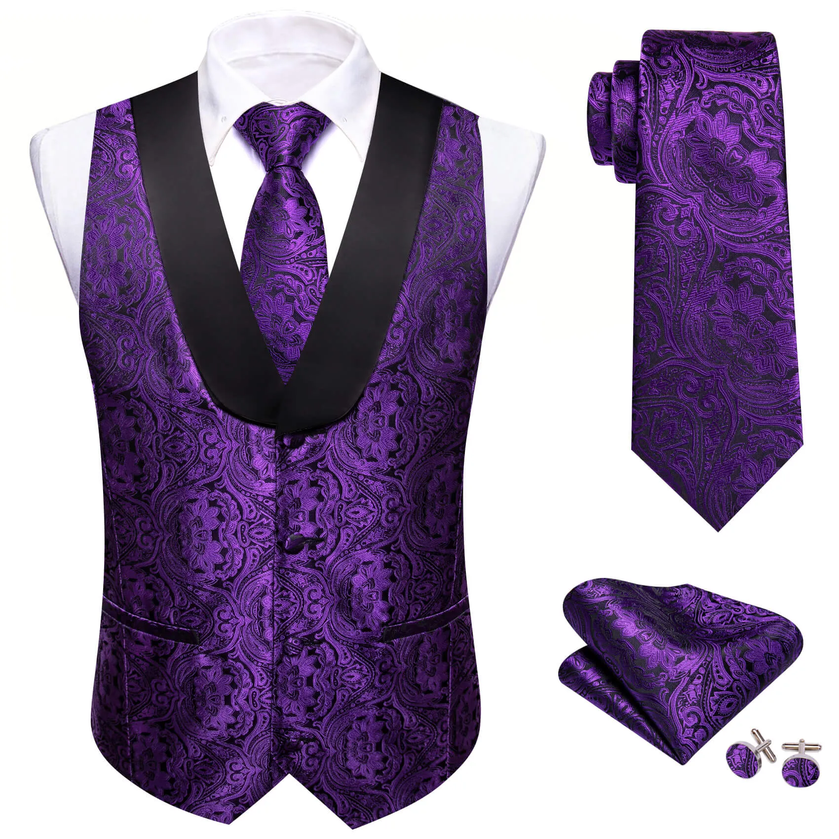 Ties2you Men's Vest Violet Purple Paisley Silk Shawl Collar Vest Tie Set