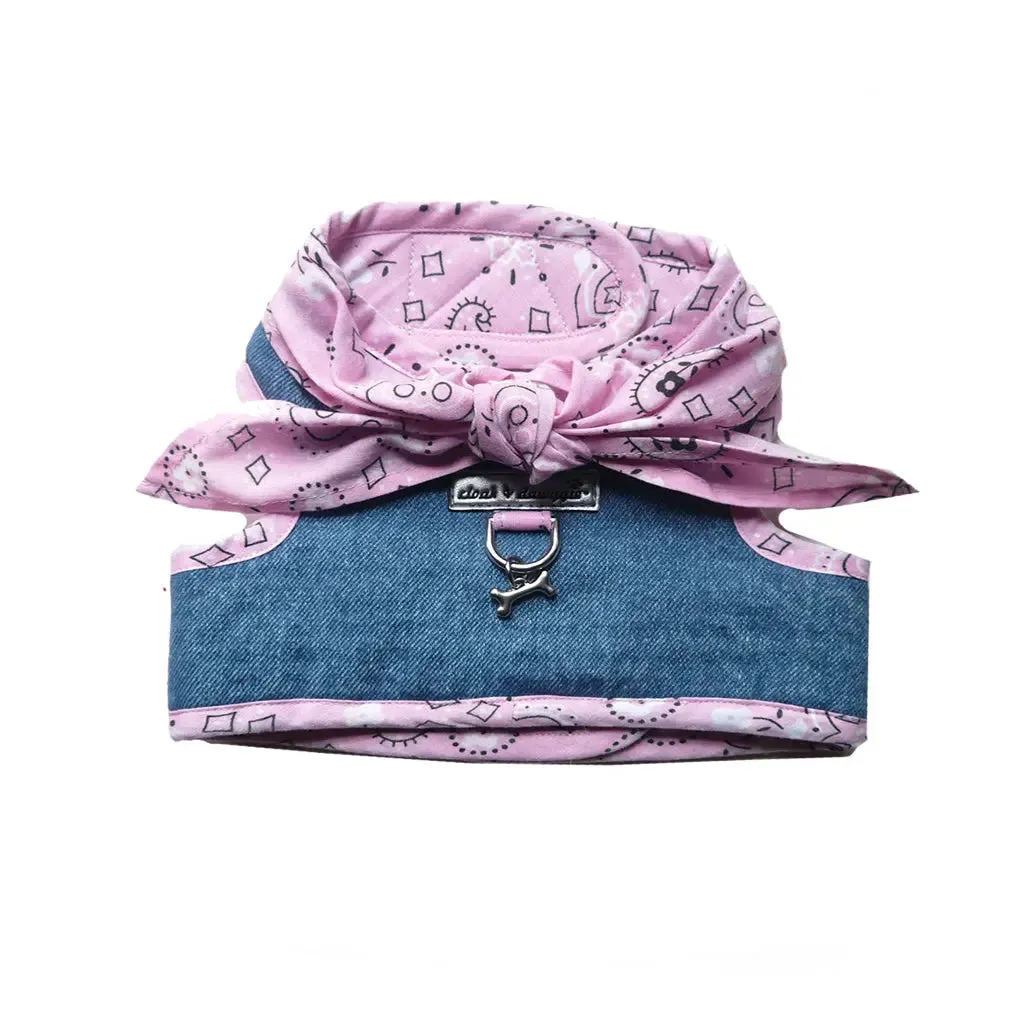 Tiny Dog Denim Dog Harness Pink Bandana Scarf | 4 LBS to 15 LBS