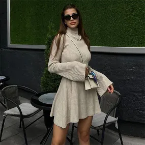 Toleet fall street women's outfits Long Sleeve Knitted Turtleneck Dress Solid Color A- line Autumn and Winter Sheath Short Sweater Dress