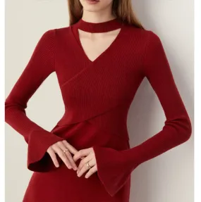 Toleet winter outfits Black Friday Christmas Thanksgiving French Style Red Knitted Dress Women's Autumn and Winter Half Turtleneck Hollow-out Slim Sweater Dress