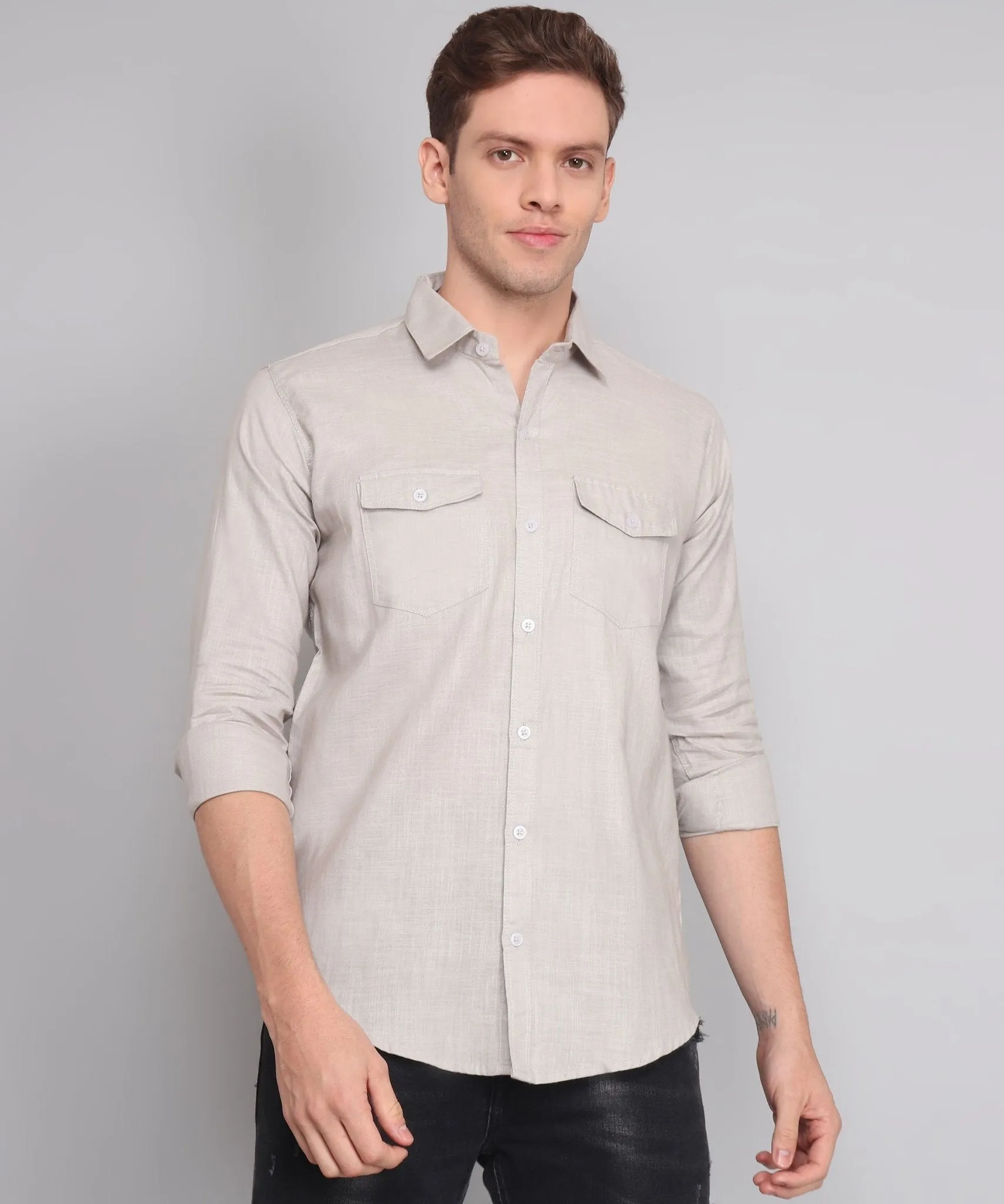 TryBuy Premium Grey Solid Cotton Linen Double Pocket Button-Up Shirt For Men