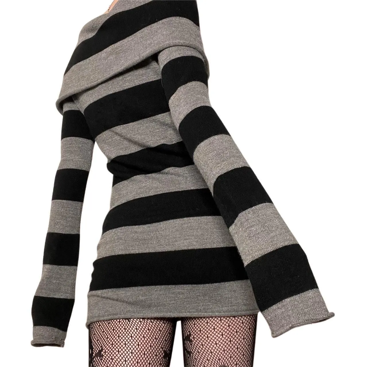 Uniwim 90s streetwear Hot Sale Y2g New Striped Lapel off-Shoulder Slim Long Knitted Sweater Dress 905