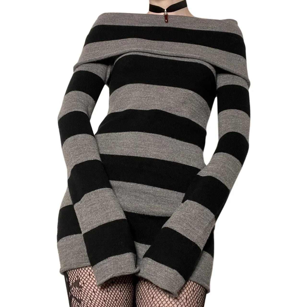 Uniwim 90s streetwear Hot Sale Y2g New Striped Lapel off-Shoulder Slim Long Knitted Sweater Dress 905