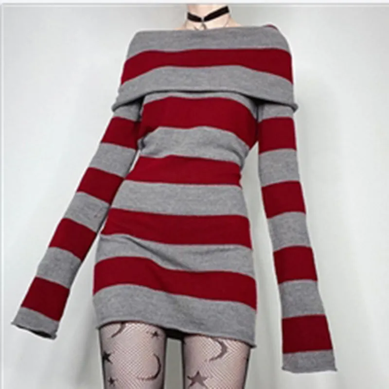 Uniwim 90s streetwear Hot Sale Y2g New Striped Lapel off-Shoulder Slim Long Knitted Sweater Dress 905