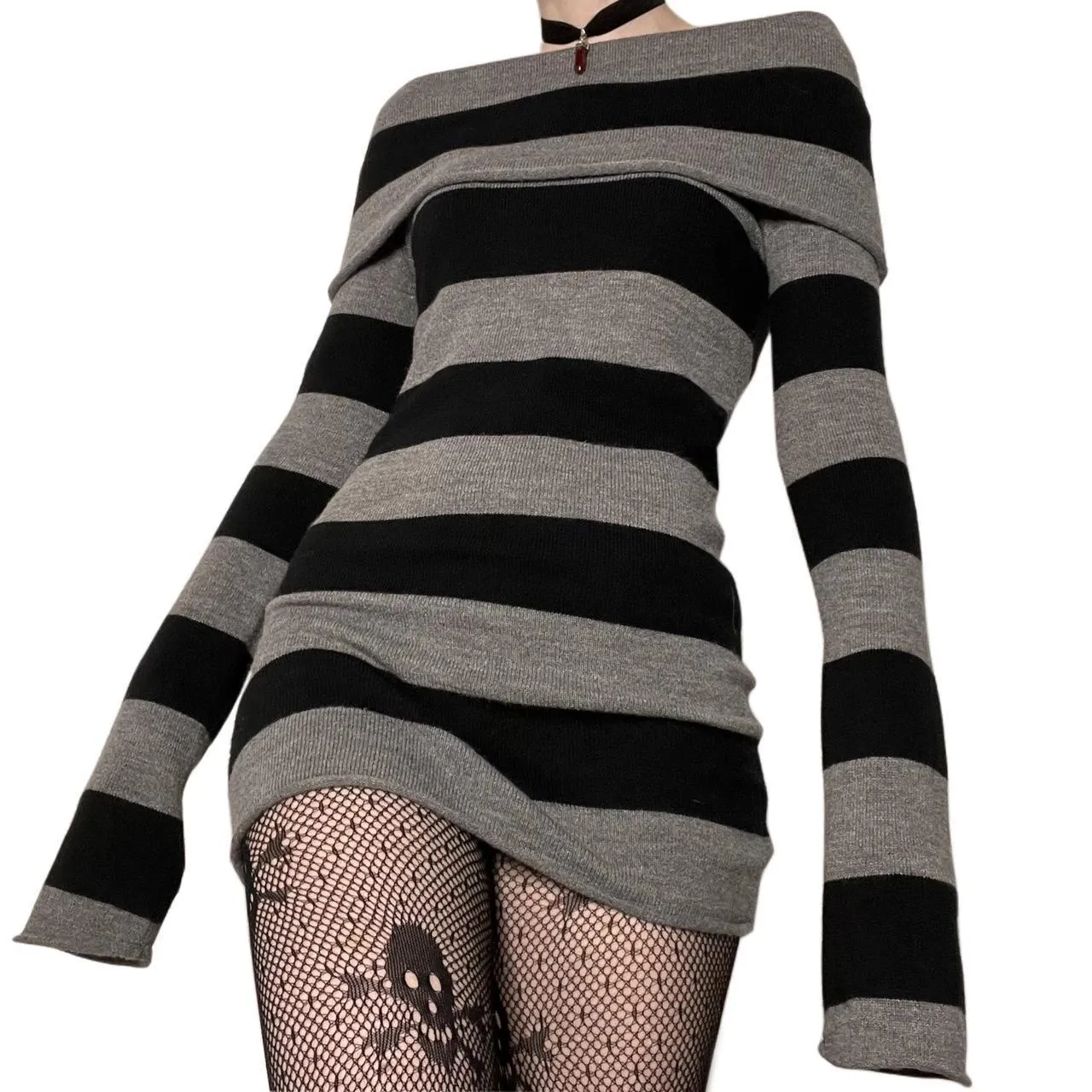 Uniwim 90s streetwear Hot Sale Y2g New Striped Lapel off-Shoulder Slim Long Knitted Sweater Dress 905