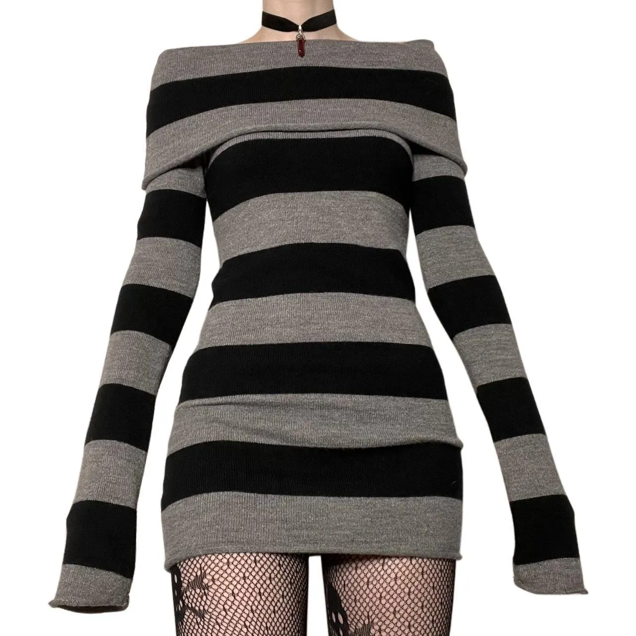 Uniwim 90s streetwear Hot Sale Y2g New Striped Lapel off-Shoulder Slim Long Knitted Sweater Dress 905