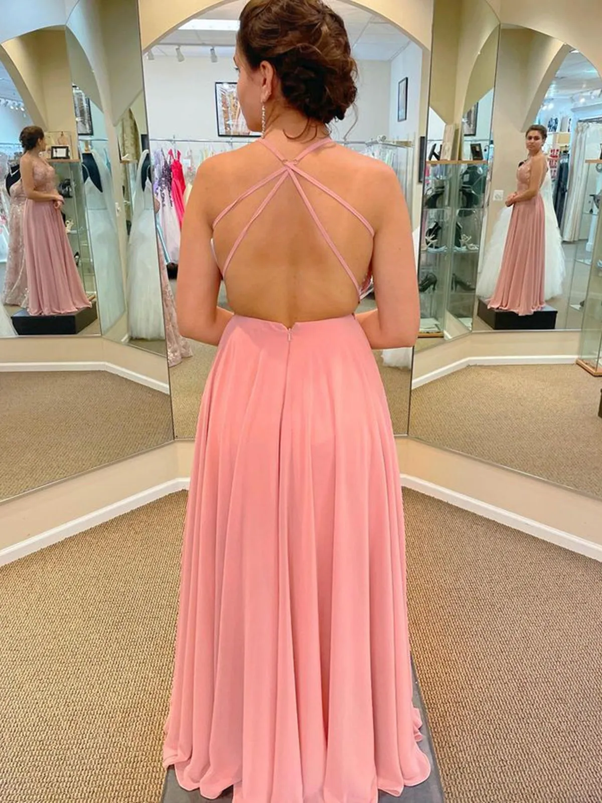 V Neck Backless Pink Lace Long Prom Dresses with Slit, Pink Lace Tulle Bridesmaid Dresses, Pink Formal Graduation Evening Dresses