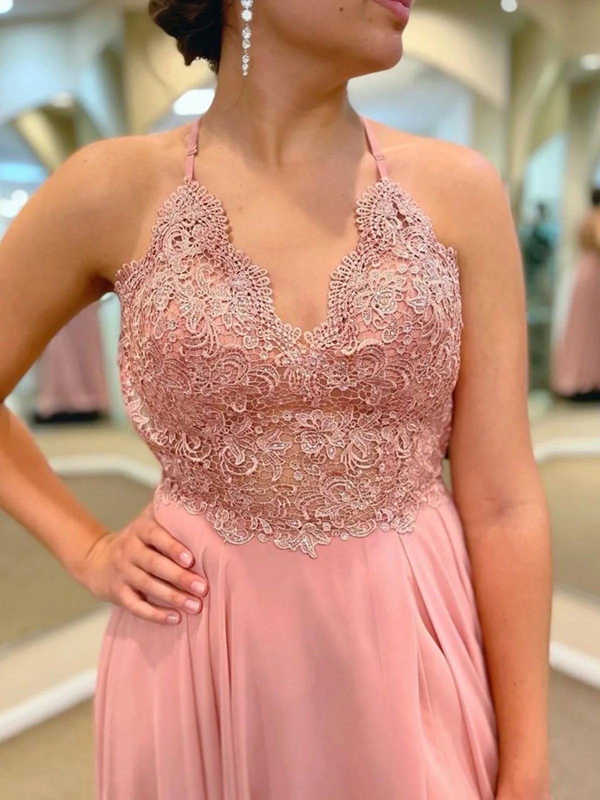 V Neck Backless Pink Lace Long Prom Dresses with Slit, Pink Lace Tulle Bridesmaid Dresses, Pink Formal Graduation Evening Dresses