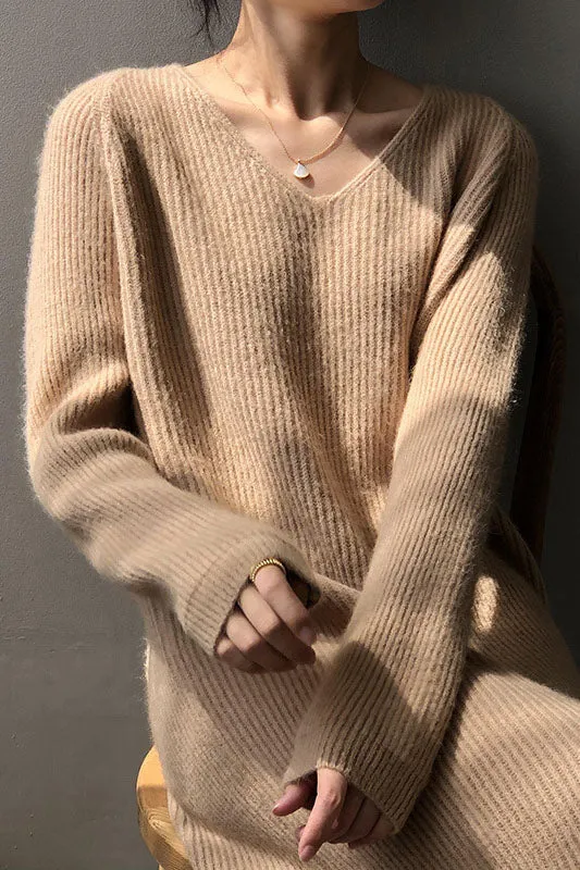 V-neck basic Cozy Knitted maxi Dress