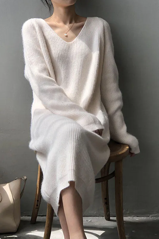 V-neck basic Cozy Knitted maxi Dress