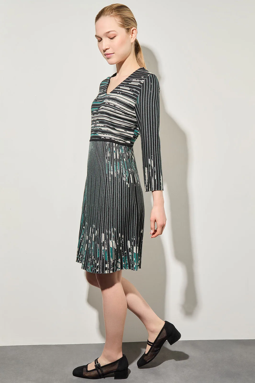 V-Neck Patterned Ribbed Soft Knit Dress