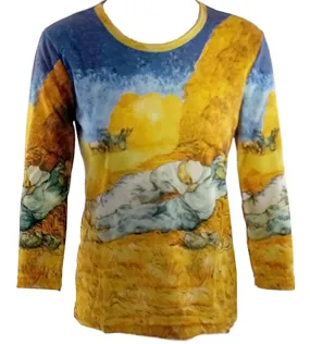 Van Gogh Rest Work, Hand Silk-Screened 3/4 Sleeve, Scoop Neck Artistic Top