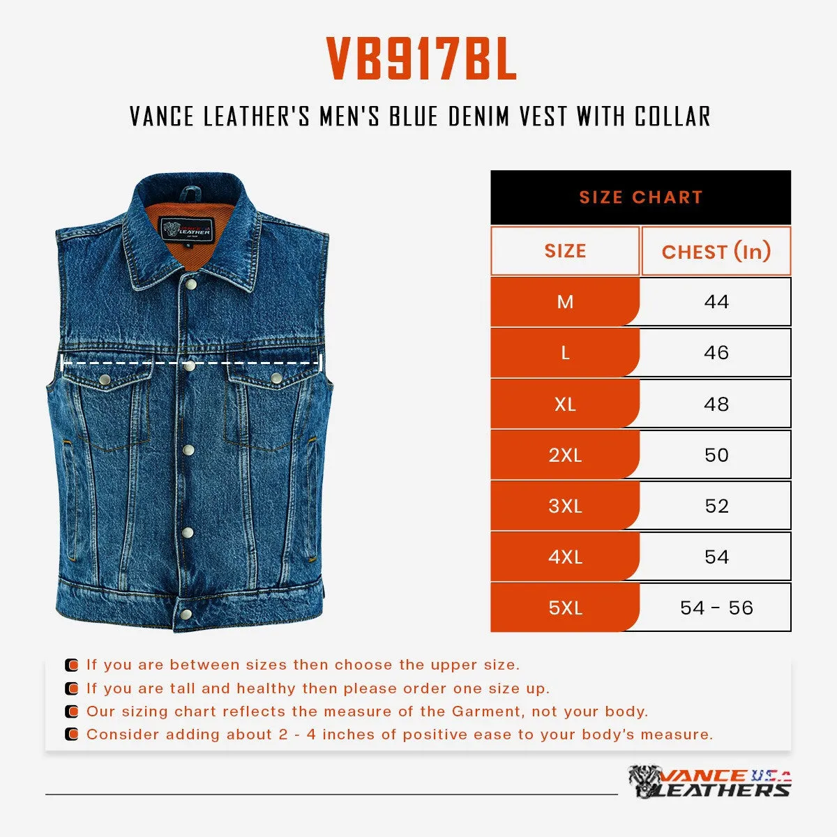 Vance Mens Blue Jean Style Denim Motorcycle Vest