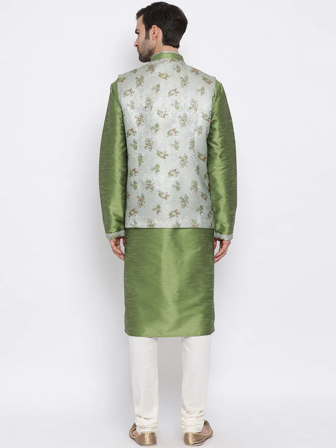 VASTRAMAY Baap Beta Silk Blend Green Jacket With Kurta Pyjama Set