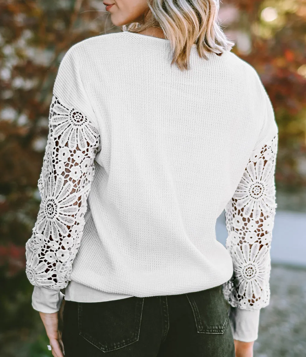 Waffle Lace Puff Sleeve Top