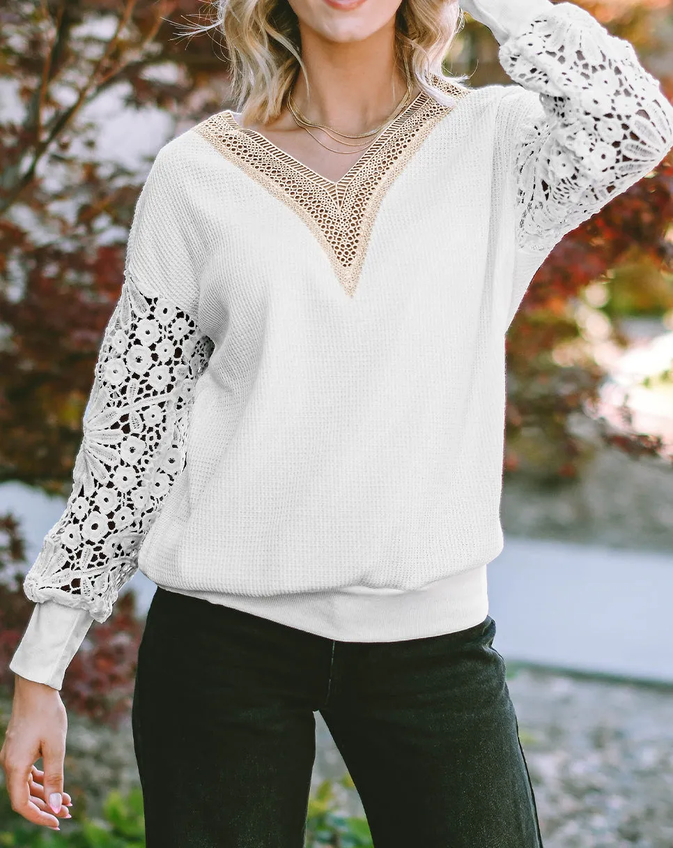 Waffle Lace Puff Sleeve Top