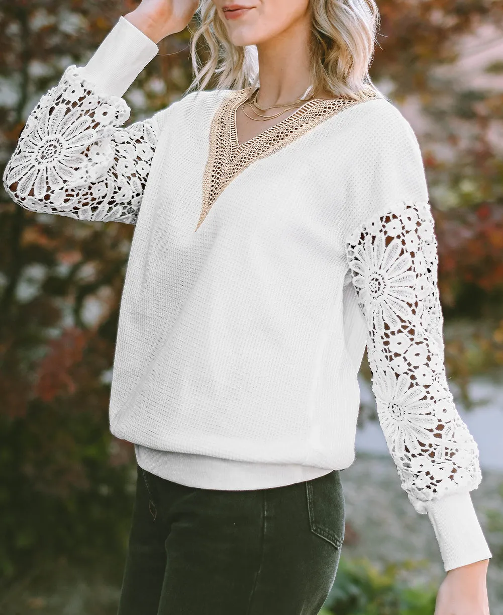 Waffle Lace Puff Sleeve Top