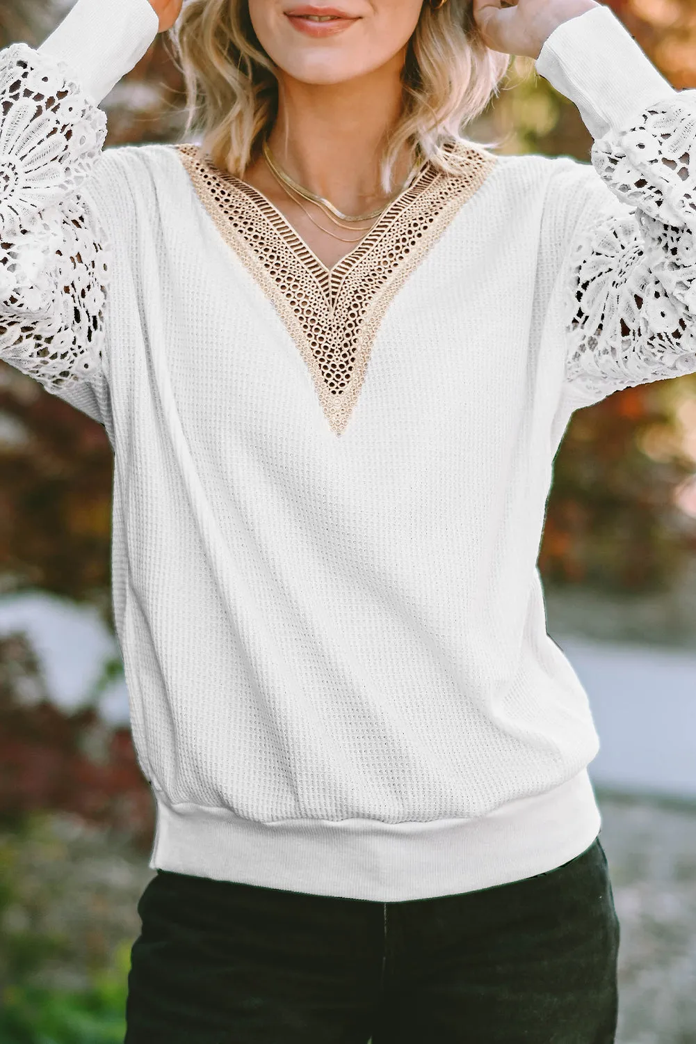 Waffle Lace Puff Sleeve Top