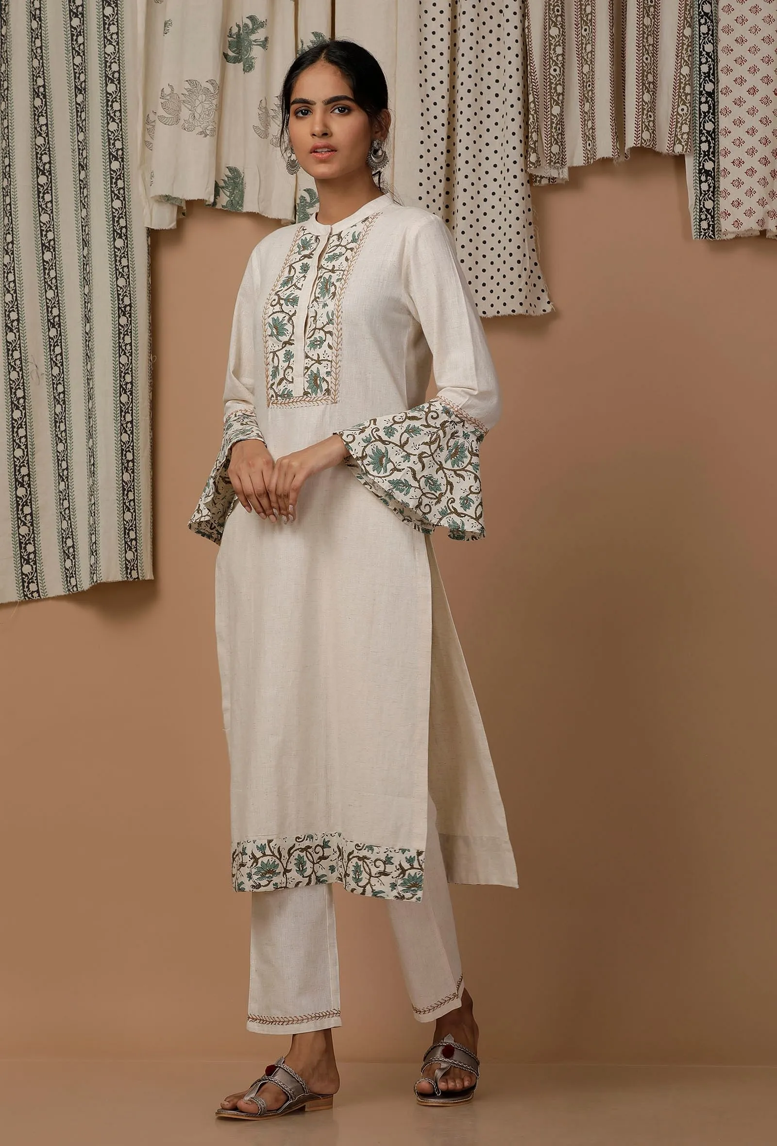 White and Green Bell Sleeves Cotton Flex  Kurta