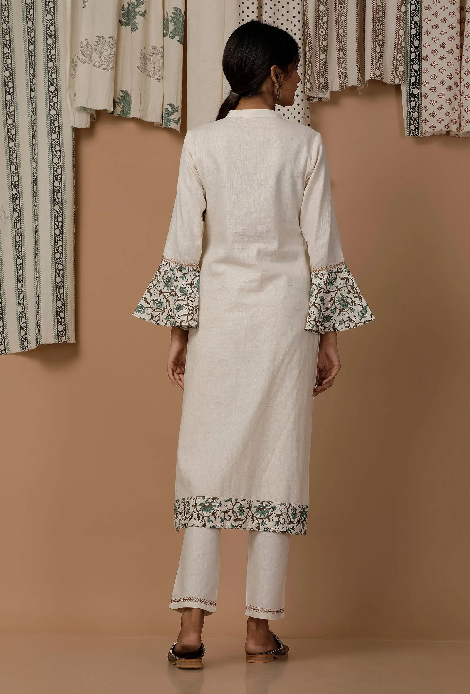 White and Green Bell Sleeves Cotton Flex  Kurta